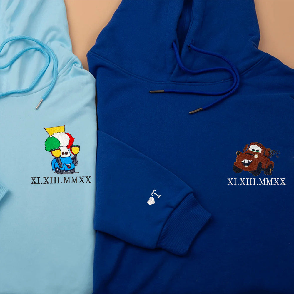 Custom Couple Embroidered Hoodie, Playful Cartoon Car Characters Hoodie with Date, Funny Matching Outfit