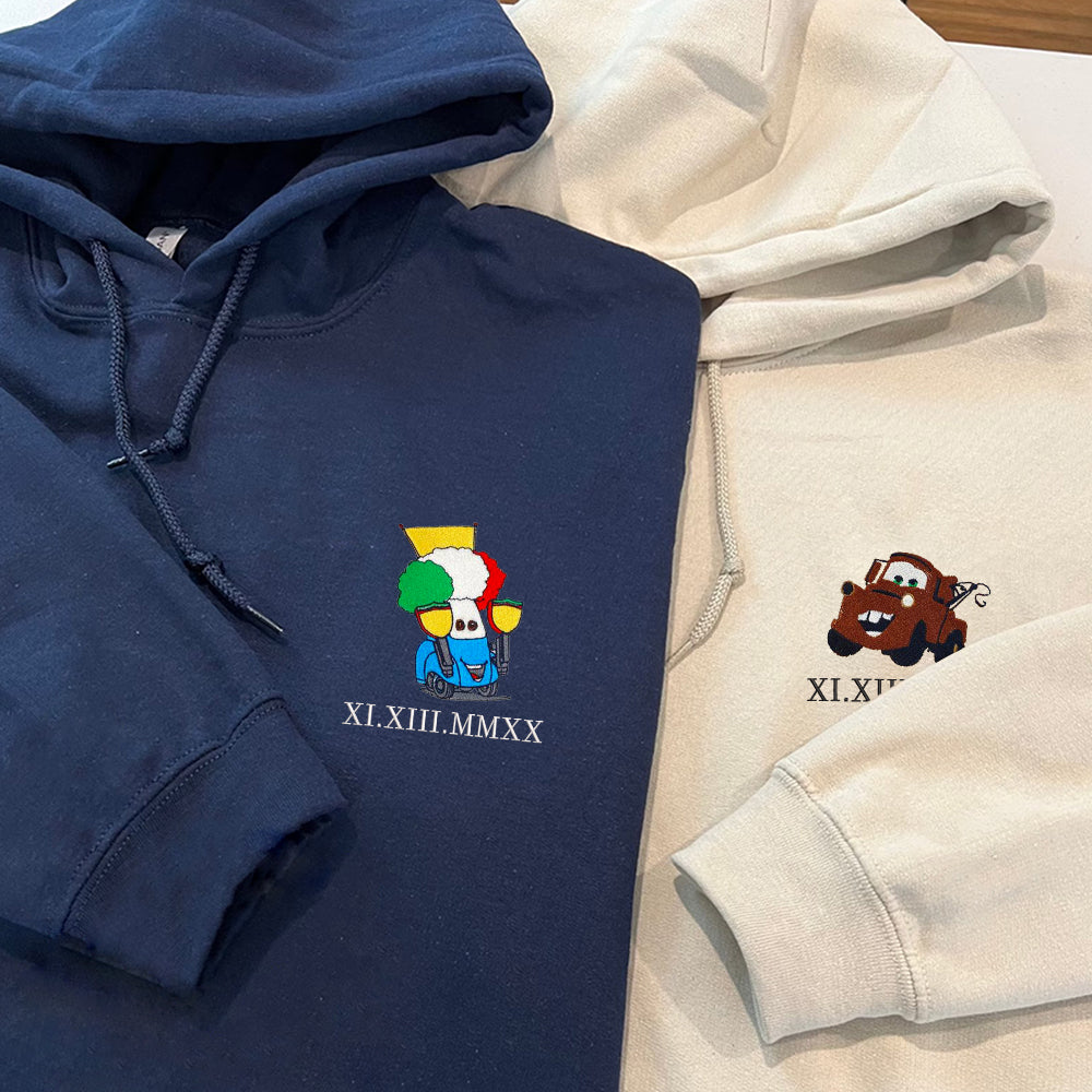 Custom Couple Embroidered Hoodie, Playful Cartoon Car Characters Hoodie with Date, Funny Matching Outfit