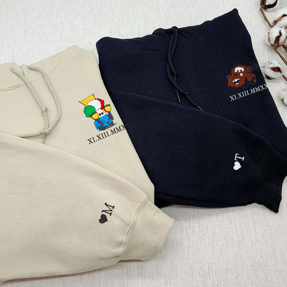 Custom Couple Embroidered Hoodie, Playful Cartoon Car Characters Hoodie with Date, Funny Matching Outfit