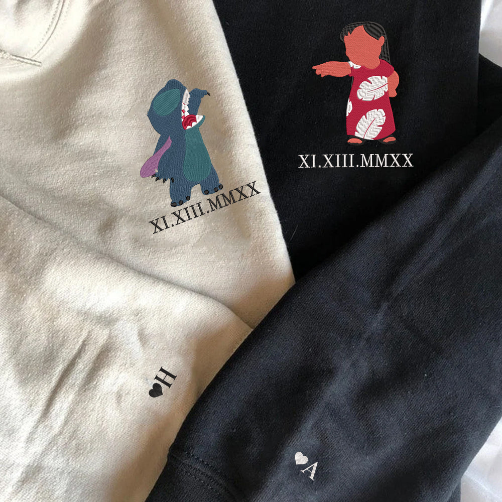 Custom Couple Embroidered Hoodie with Roman Numeral Date, Cute Alien Duo, Anniversary Matching Outfit