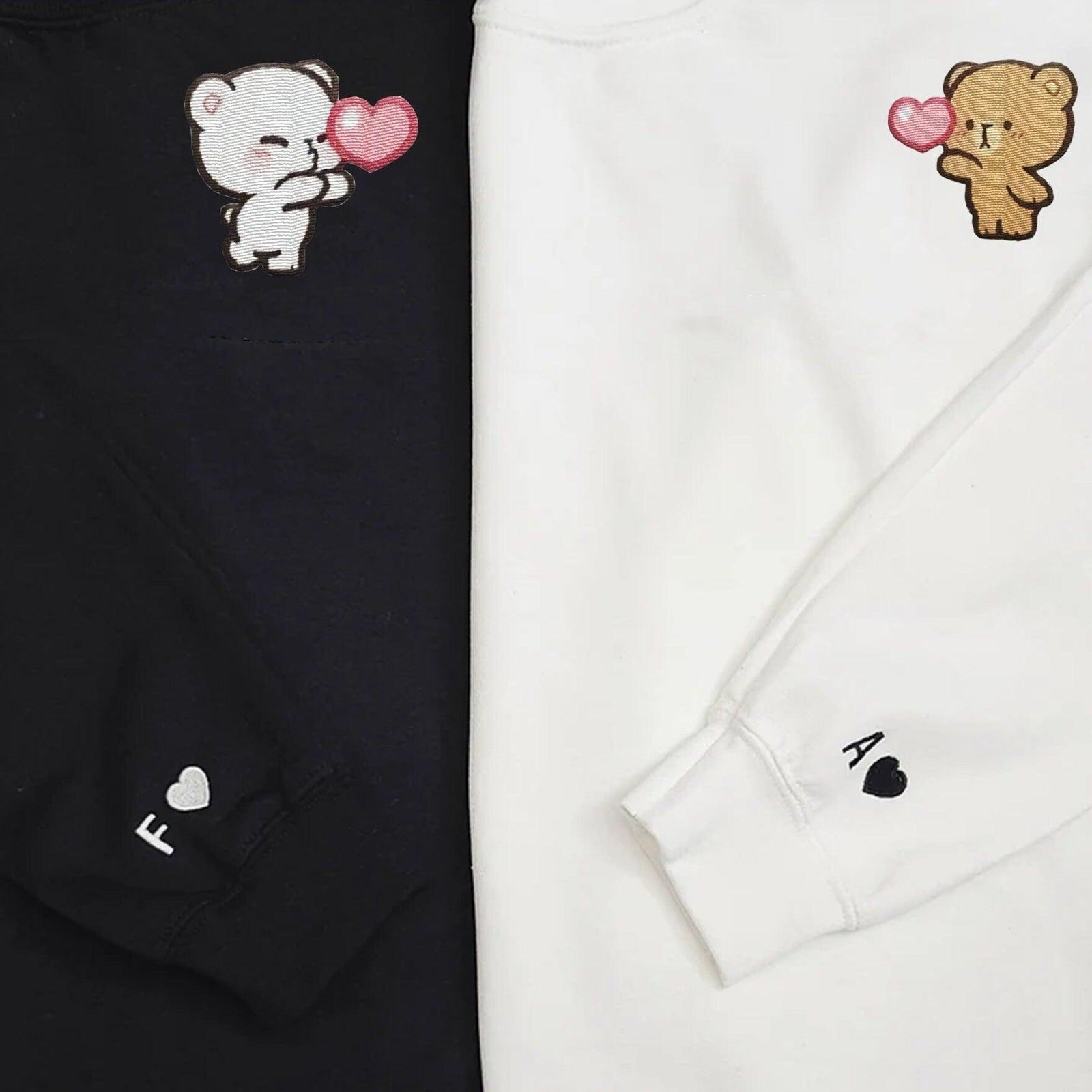 Custom Couple Embroidered Matching Sweatshirts, Adorable Bear Love Heart Sweater, Cute Romantic Gift