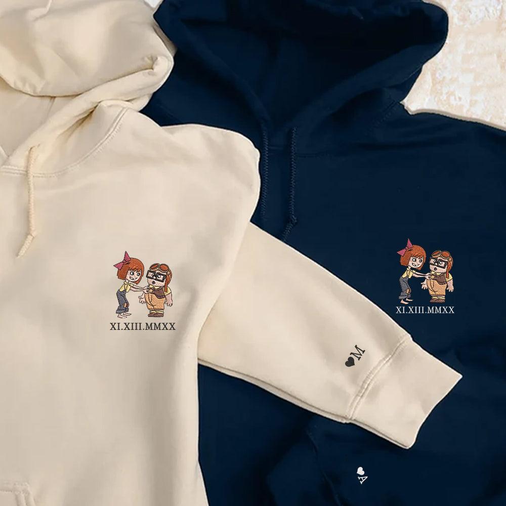 Custom Couple Embroidered Sweatshirt with Roman Numeral Date, Romantic Old Couple Cartoon Matching Sweatshirt