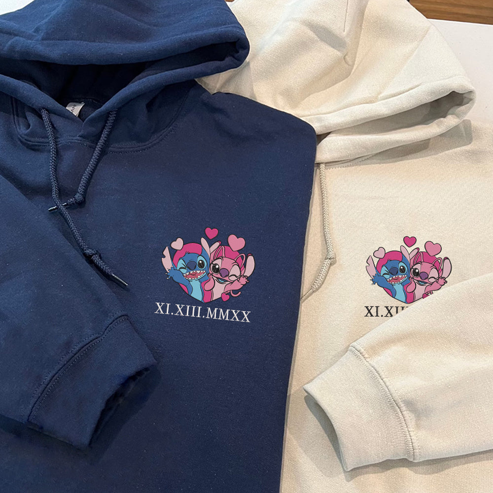 Custom Couple Hoodies, Cute Cartoon Lovers Embroidered Design with Roman Numeral Date