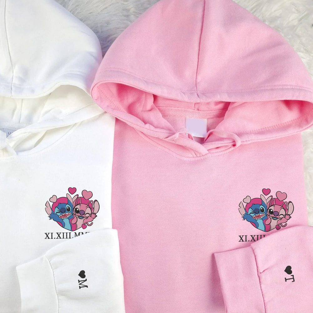 Custom Couple Hoodies, Cute Cartoon Lovers Embroidered Design with Roman Numeral Date