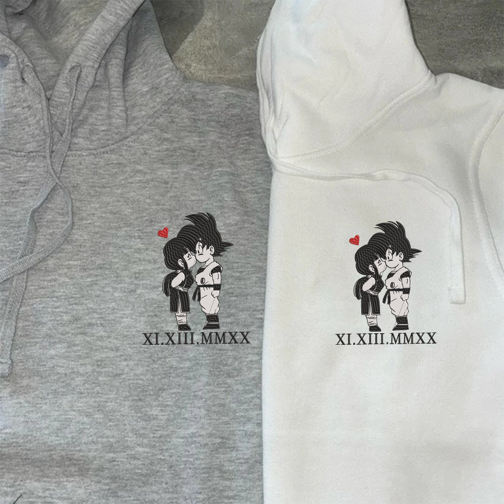 Custom Couple Hoodies, Sweet Cartoon Lovers Embroidered Hoodie with Roman Numeral Date