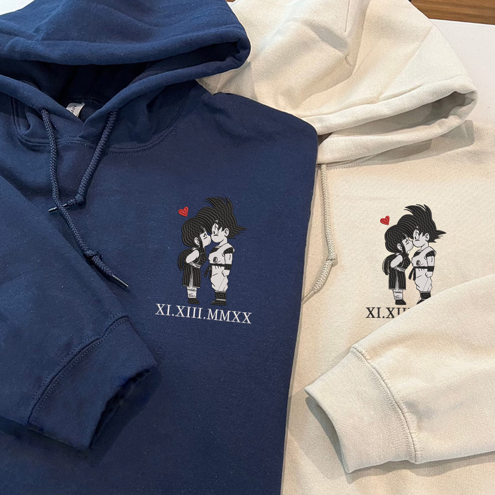 Custom Couple Hoodies, Sweet Cartoon Lovers Embroidered Hoodie with Roman Numeral Date