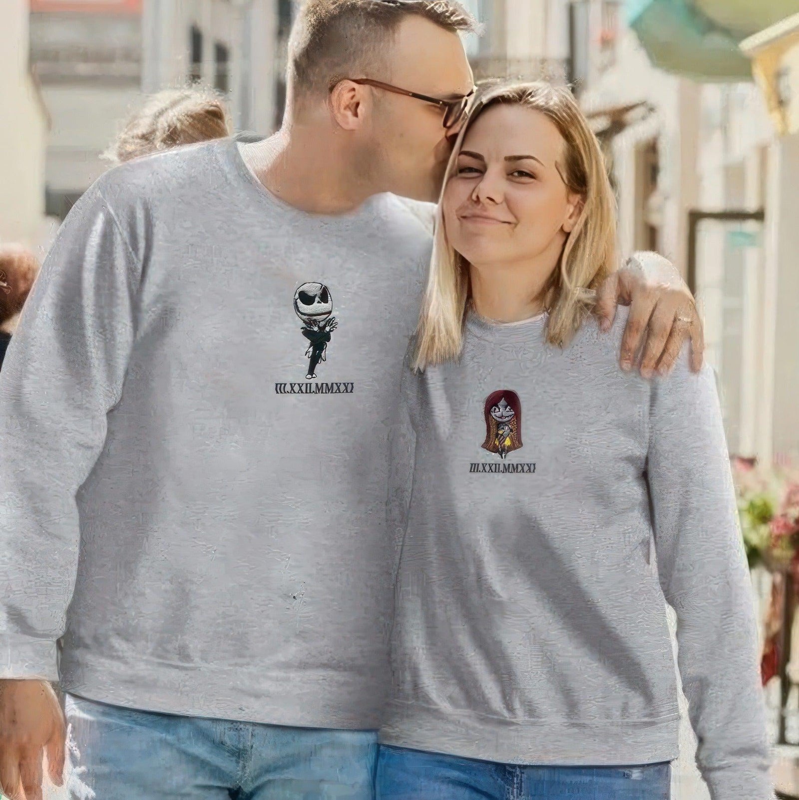 Custom Embroidered Couple Sweatshirts, Gothic Cartoon Style Matching Anniversary Sweatshirt