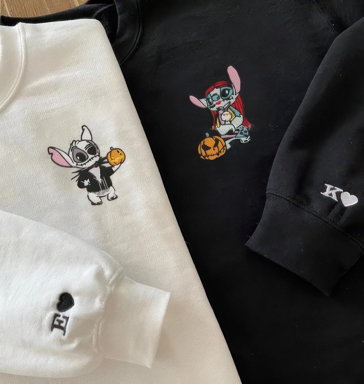 Custom Embroidered Halloween Sweatshirt For Couples, Matching Couple Sweatshirt, Cute Spooky Cartoon Lovers Crewneck Embroidered Sweater