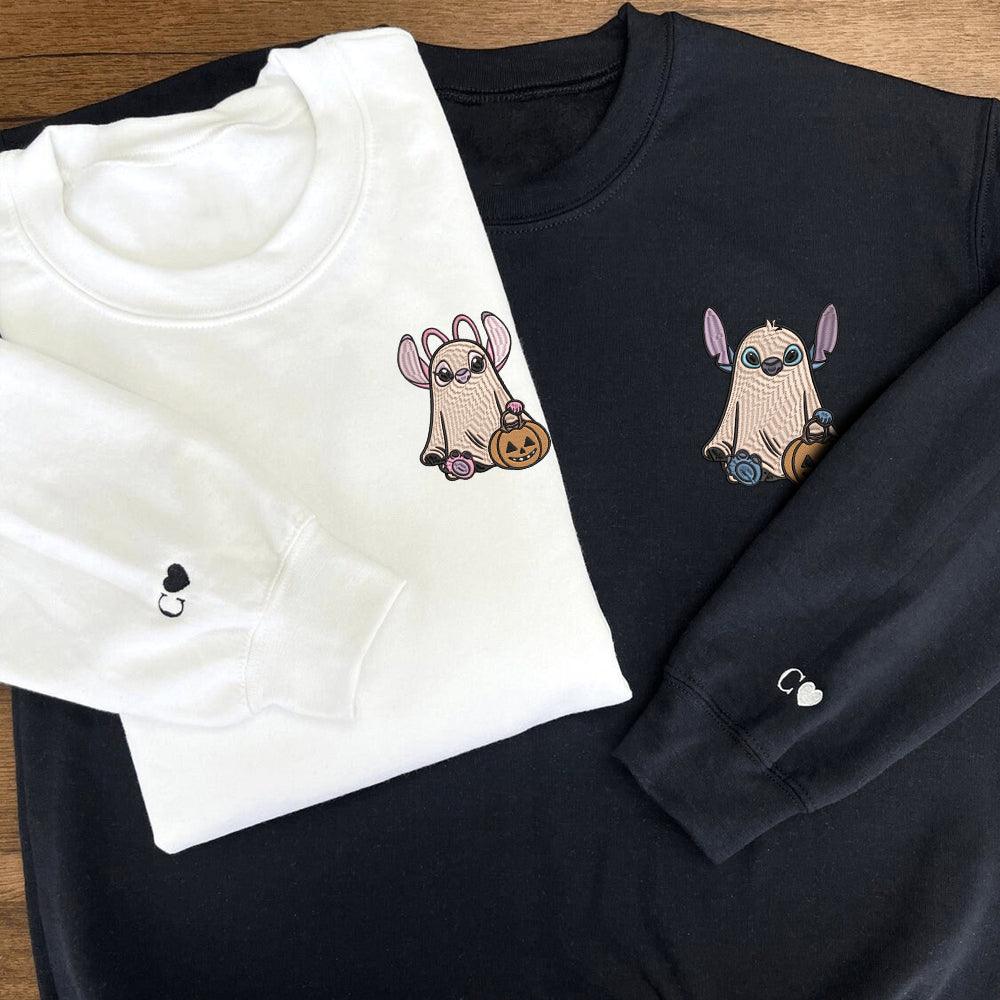 Custom Embroidered Halloween Sweatshirts For Couples, Trick or Treat Ghost Couples Embroidered Sweater