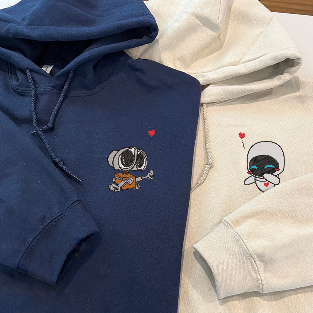 Custom Embroidered Hoodies For Couples, Adorable Robot Duo Couples Embroidered Hoodie