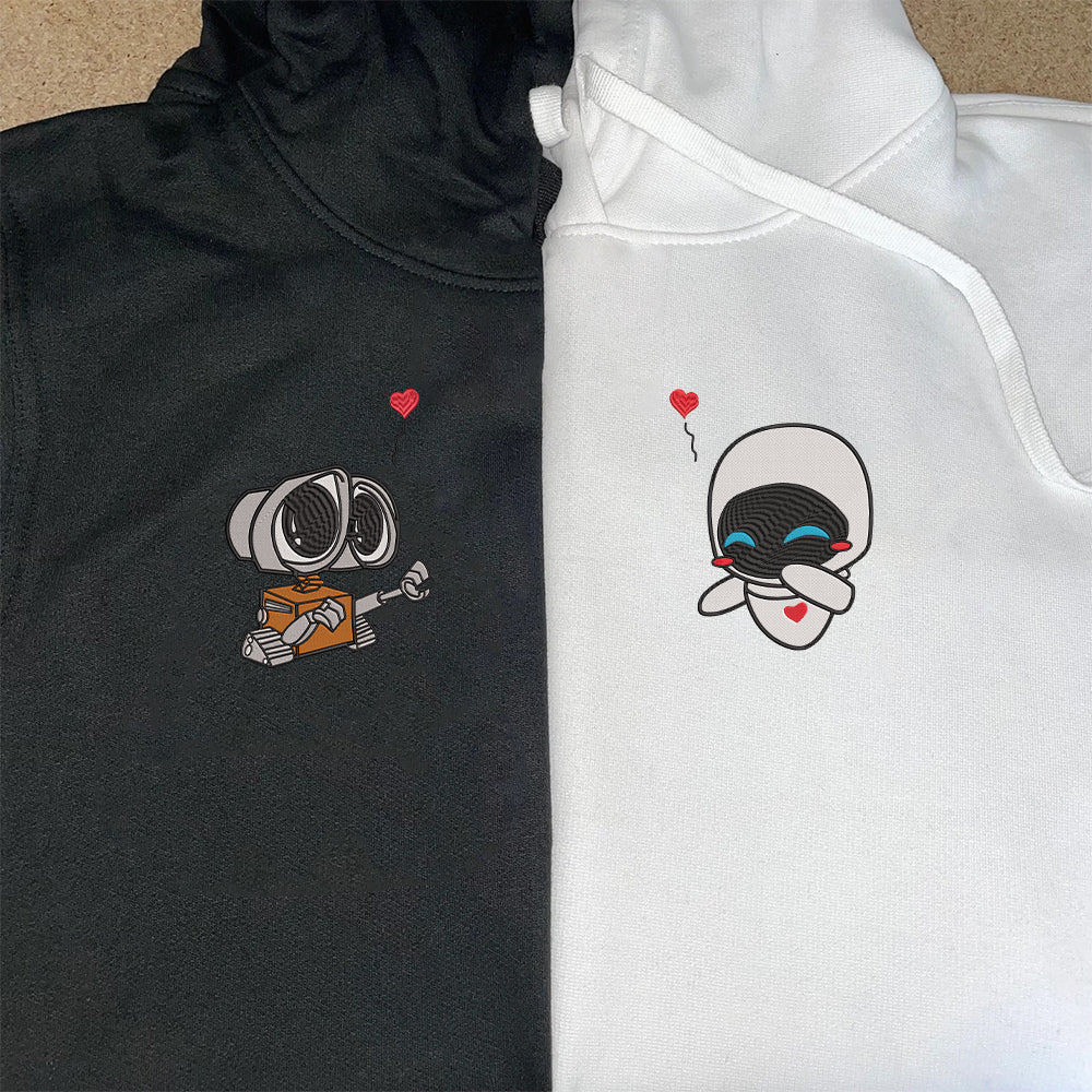 Custom Embroidered Hoodies For Couples, Adorable Robot Duo Couples Embroidered Hoodie