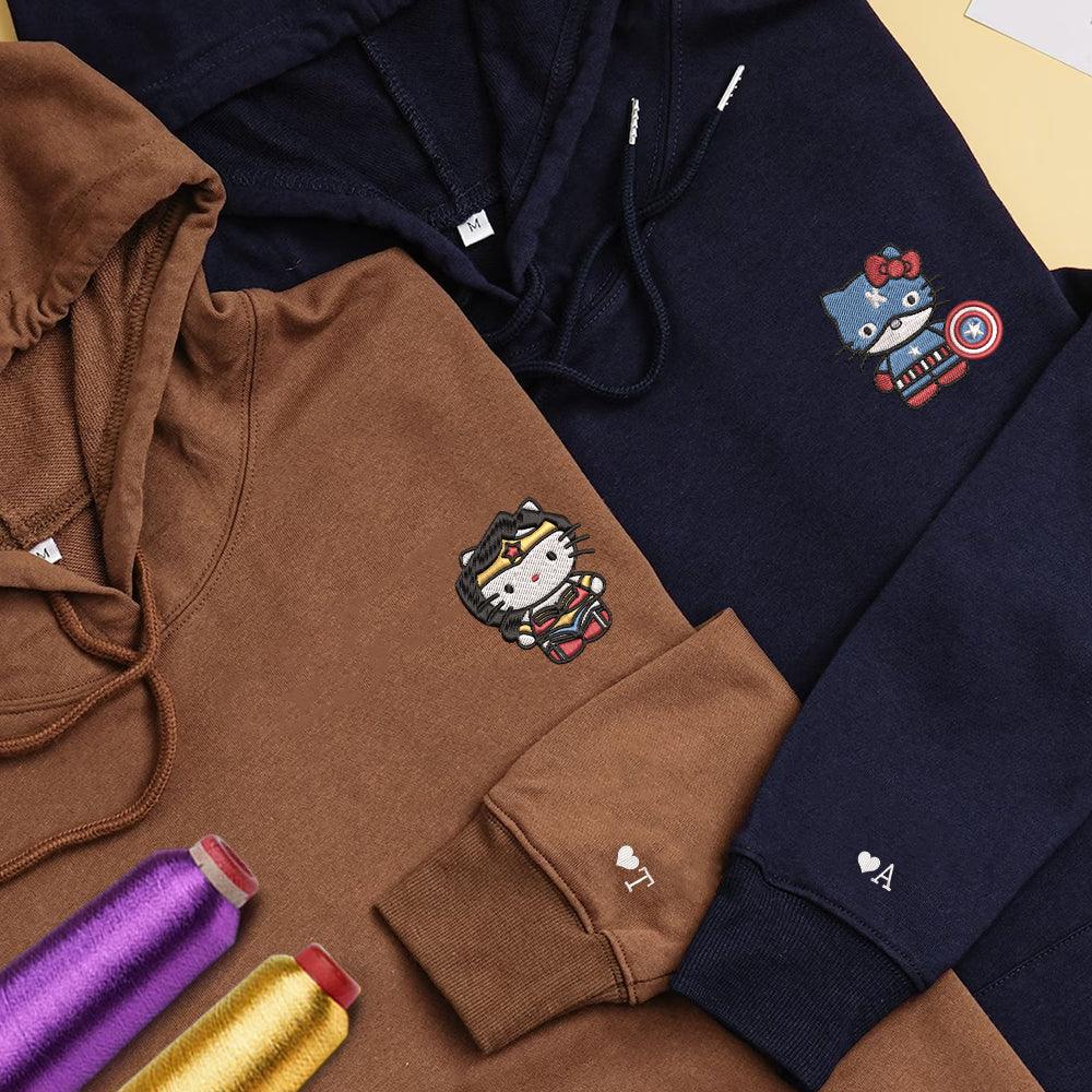 Custom Embroidered Hoodies For Couples, Custom Matching Couple Hoodies, Superhero Kitten Couples Embroidered Hoodies