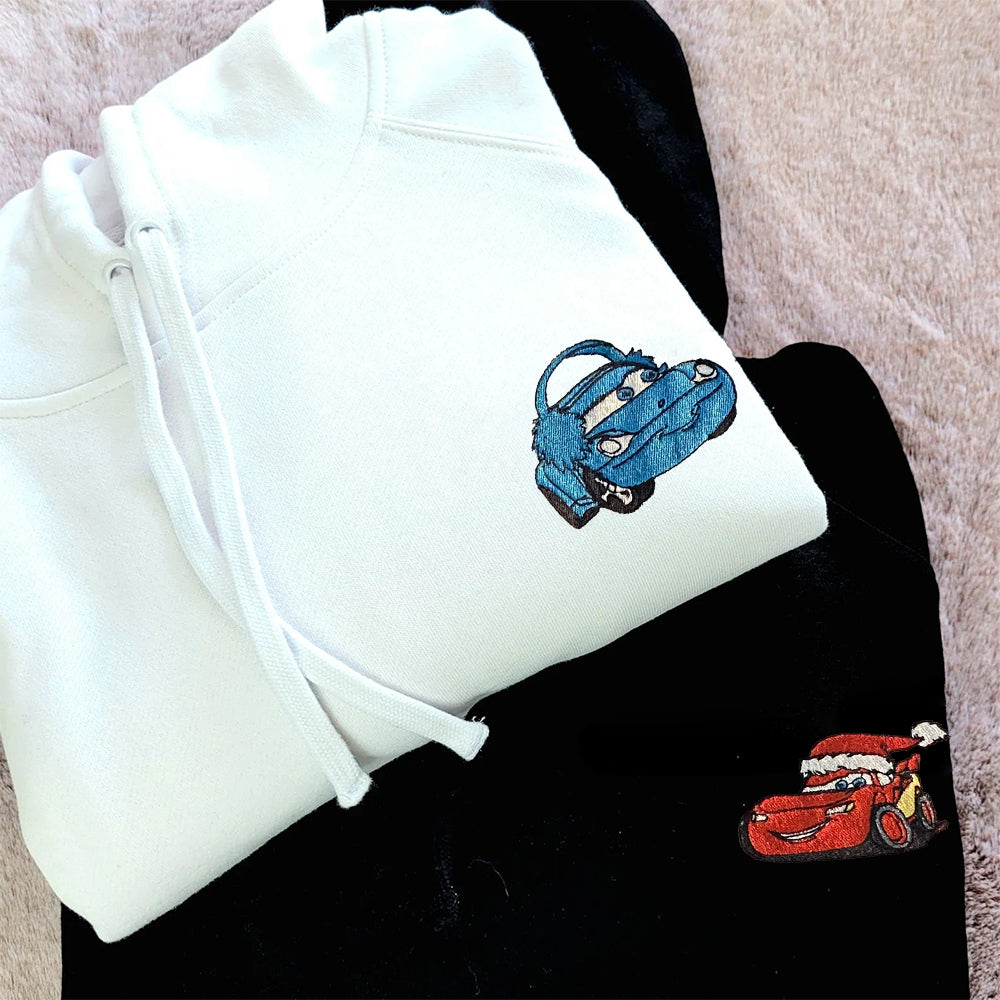 Custom Embroidered Hoodies For Couples, Cute Cartoon Car Christmas Couples Embroidered Hoodie