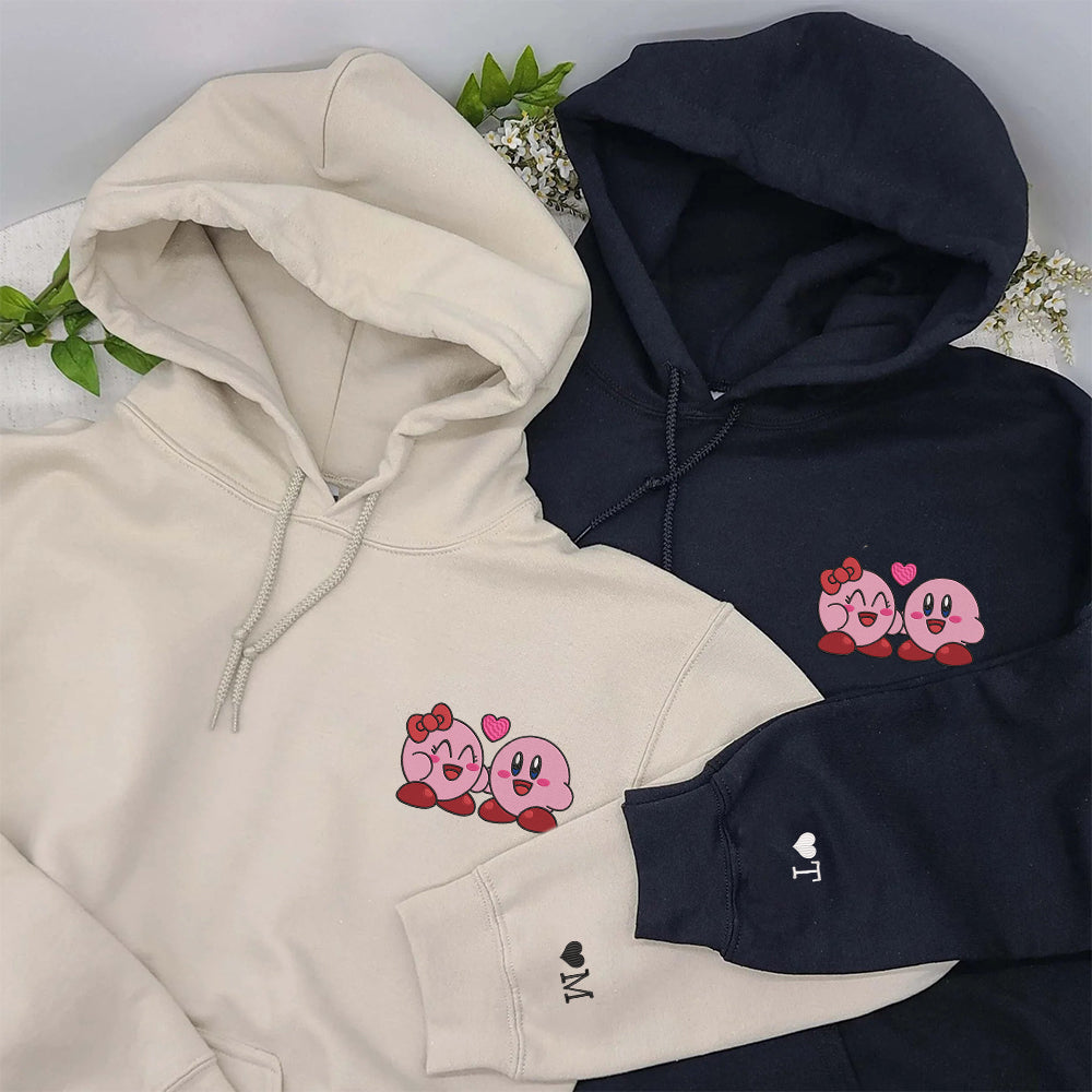 Custom Embroidered Hoodies For Couples, Cute Pink Cartoon Love Characters Hoodie