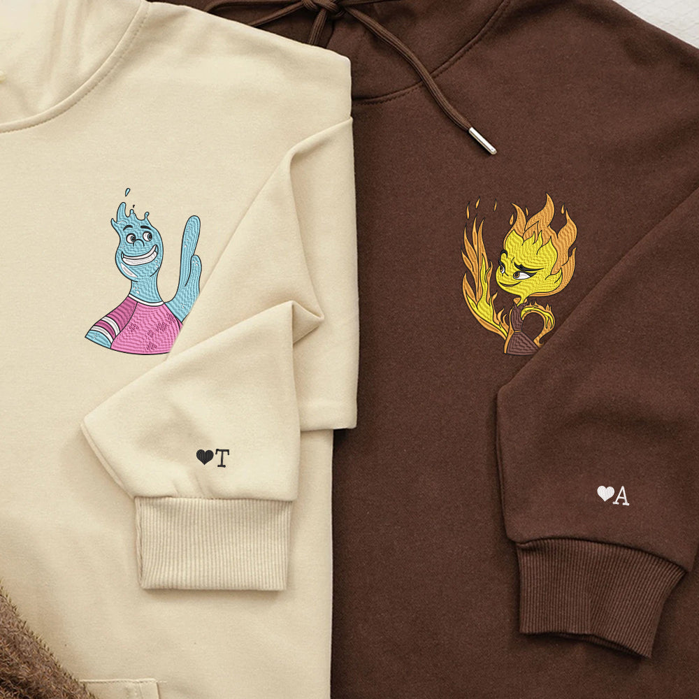 Custom Embroidered Hoodies For Couples, Personalized His & Her Hoodies, Cute Fire & Water Couples Embroidered Hoodie