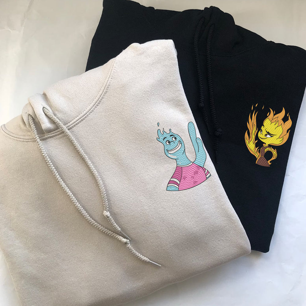 Custom Embroidered Hoodies For Couples, Personalized His & Her Hoodies, Cute Fire & Water Couples Embroidered Hoodie