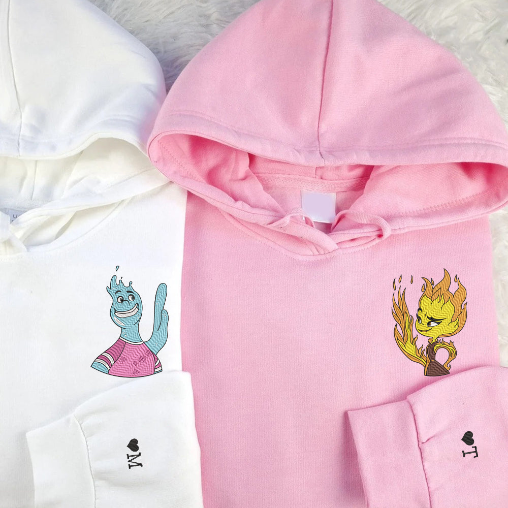 Custom Embroidered Hoodies For Couples, Personalized His & Her Hoodies, Cute Fire & Water Couples Embroidered Hoodie