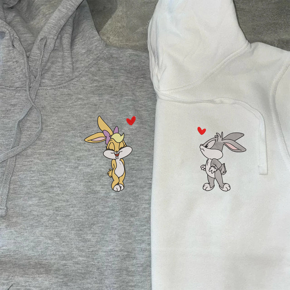 Custom Embroidered Hoodies for Couples, Cute Cartoon Bunny Lovers Hoodie, Matching Couple Outfit