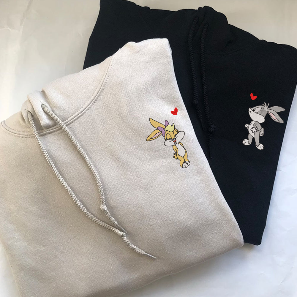 Custom Embroidered Hoodies for Couples, Cute Cartoon Bunny Lovers Hoodie, Matching Couple Outfit