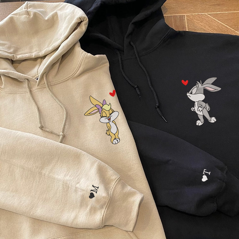 Custom Embroidered Hoodies for Couples, Cute Cartoon Bunny Lovers Hoodie, Matching Couple Outfit