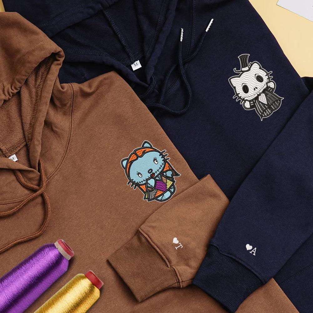 Custom Embroidered Hoodies for Couples, Cute Gothic Cat Duo Hoodie, Matching Couple Outfit