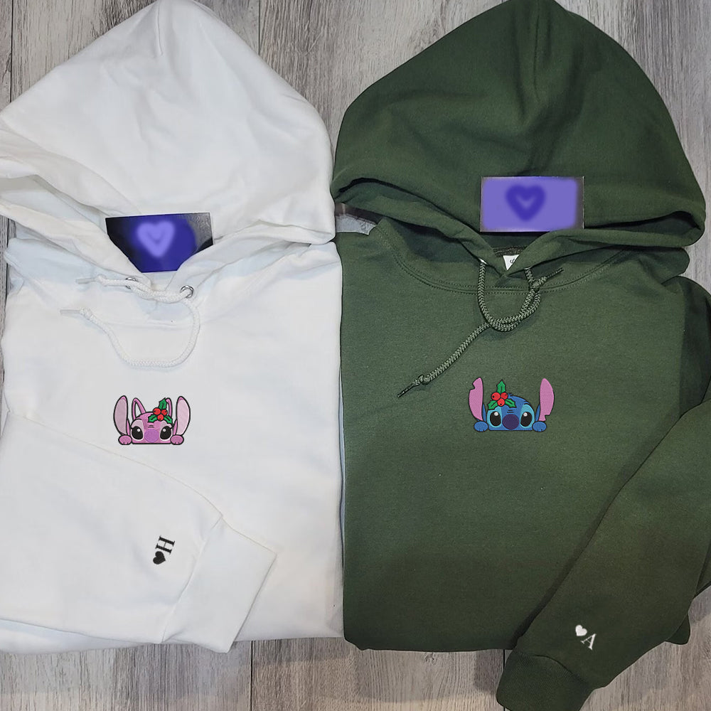 Custom Embroidered Hoodies for Couples, Personalized His & Her Hoodies, Cute Christmas Alien Duo Hoodie