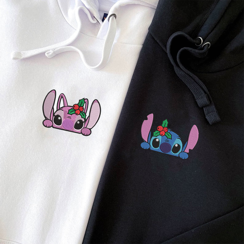 Custom Embroidered Hoodies for Couples, Personalized His & Her Hoodies, Cute Christmas Alien Duo Hoodie