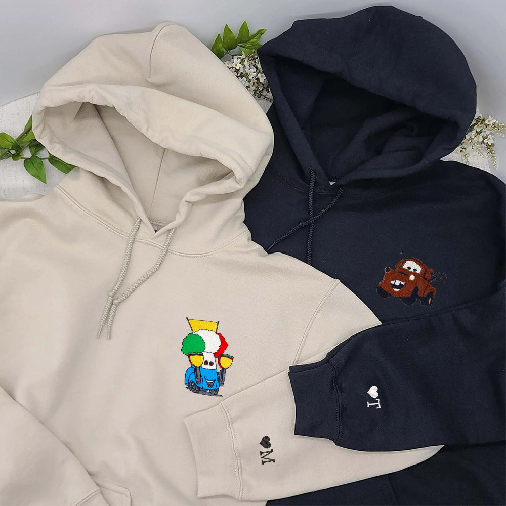Custom Embroidered Hoodies for Couples, Playful Cartoon Cars Duo Hoodie, Couple Matching Outfit