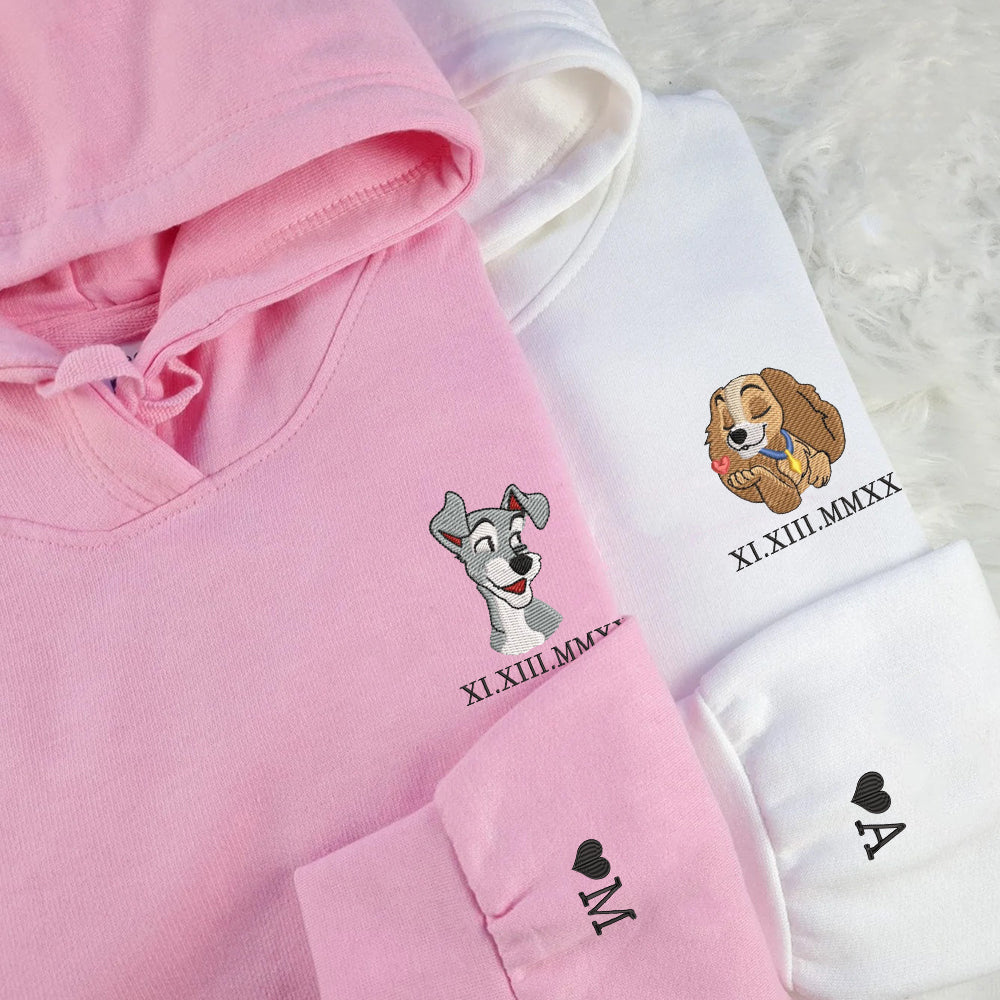 Custom Embroidered Roman Numeral Date Hoodies For Couples, Cute Cartoon Dogs Embroidered Hoodie