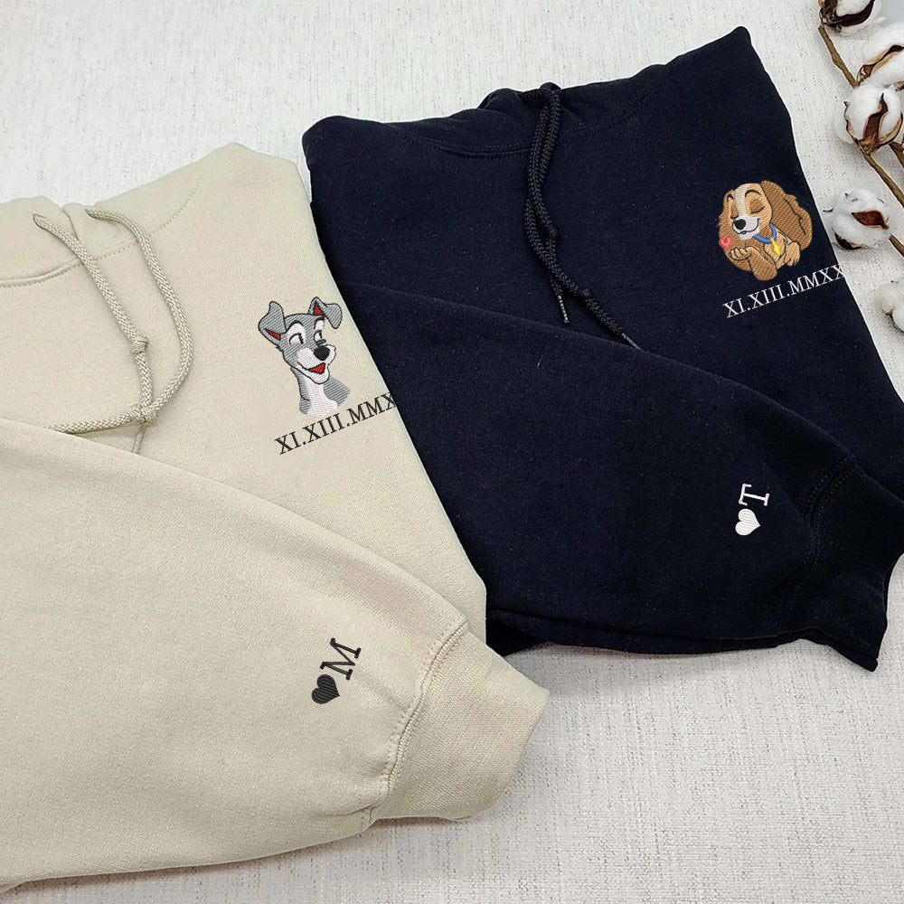 Custom Embroidered Roman Numeral Date Hoodies For Couples, Cute Cartoon Dogs Embroidered Hoodie