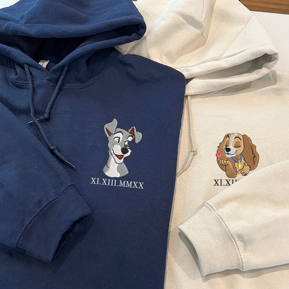 Custom Embroidered Roman Numeral Date Hoodies For Couples, Cute Cartoon Dogs Embroidered Hoodie