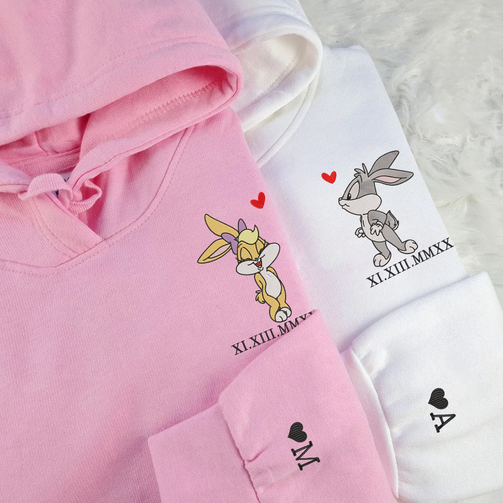 Custom Embroidered Roman Numeral Date Hoodies For Couples, Cute Cartoon Rabbit Couple Embroidered Hoodie
