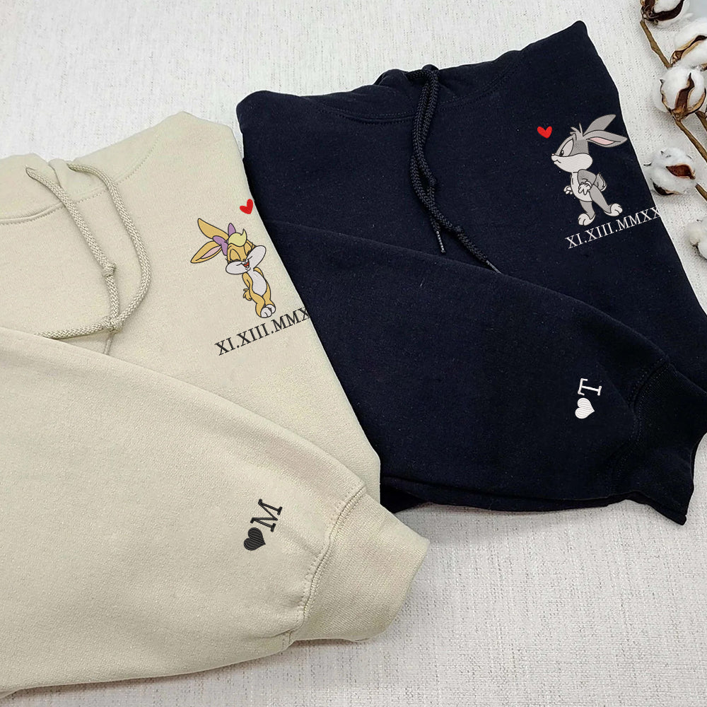 Custom Embroidered Roman Numeral Date Hoodies For Couples, Cute Cartoon Rabbit Couple Embroidered Hoodie