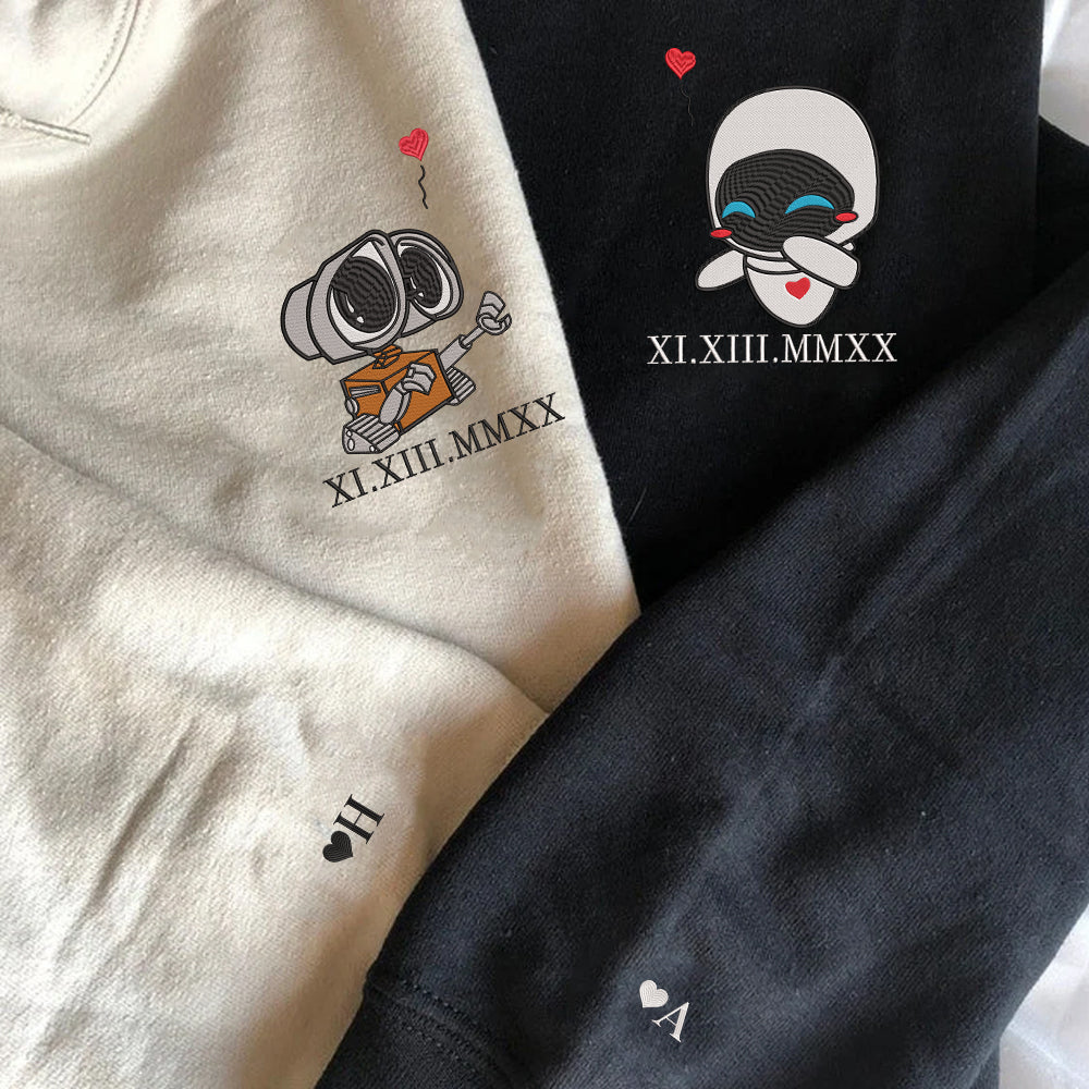 Custom Embroidered Roman Numeral Date Hoodies For Couples, Cute Cartoon Robot Love Couples Hoodie