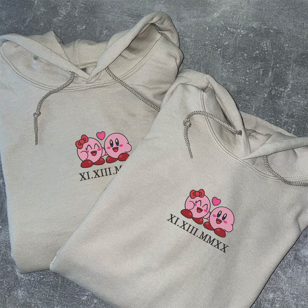Custom Embroidered Roman Numeral Date Hoodies For Couples, Cute Pink Cartoon Characters Hoodie