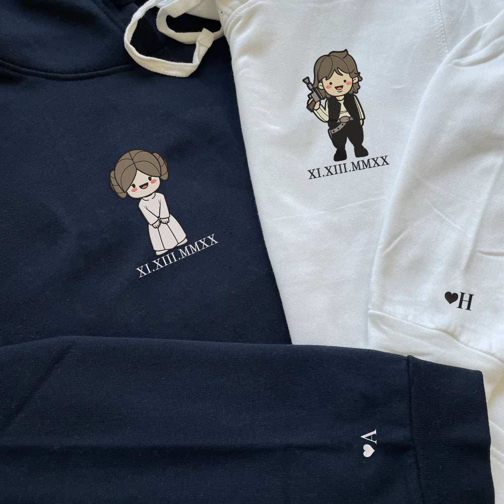 Custom Embroidered Roman Numeral Date Hoodies For Couples, Cute Space Lovers Cartoon Embroidered Hoodie
