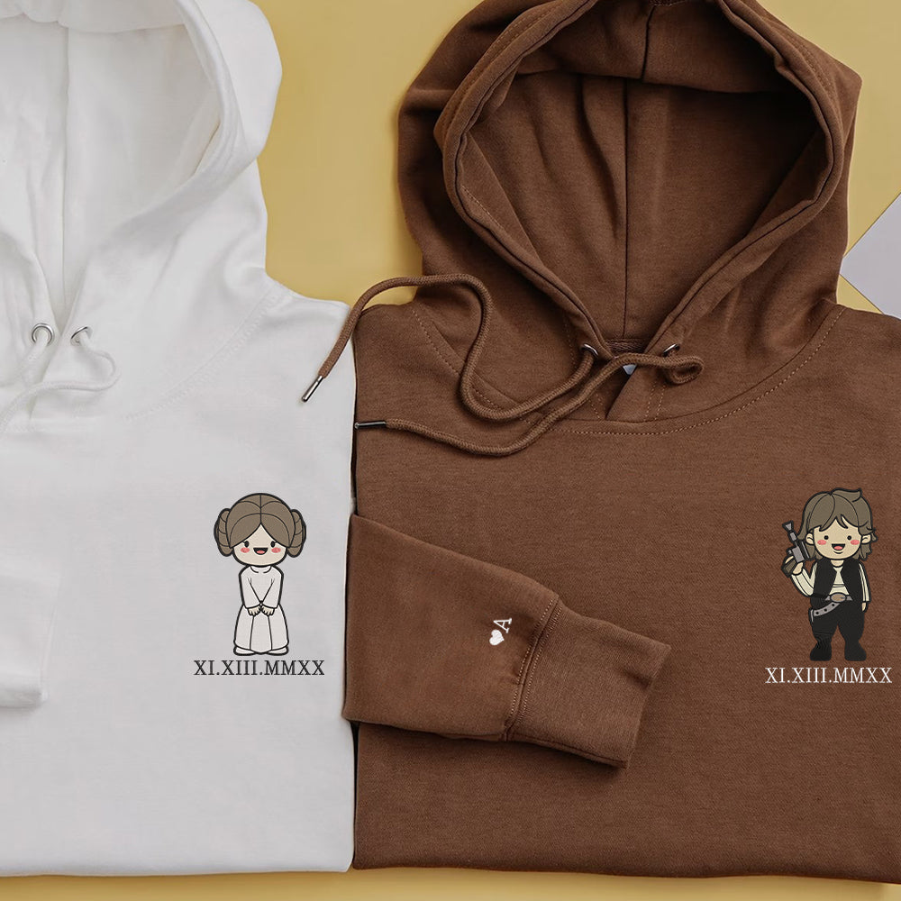 Custom Embroidered Roman Numeral Date Hoodies For Couples, Cute Space Lovers Cartoon Embroidered Hoodie