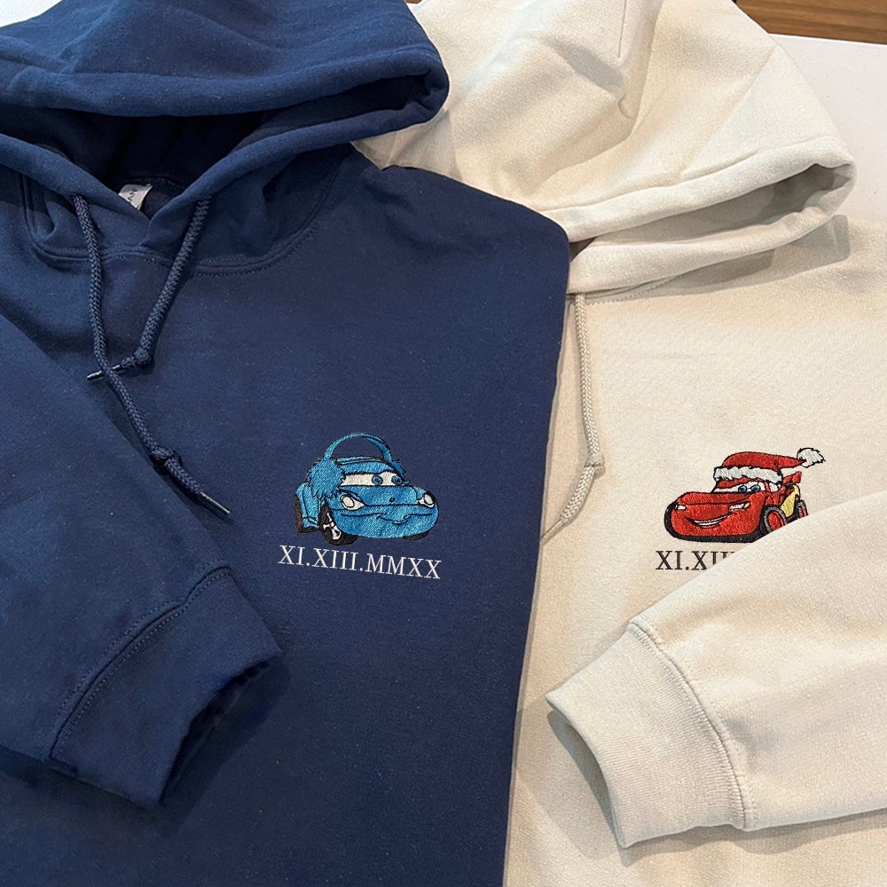 Custom Embroidered Roman Numeral Hoodies For Couples, Cute Cartoon Car Christmas Couples Embroidered Hoodie