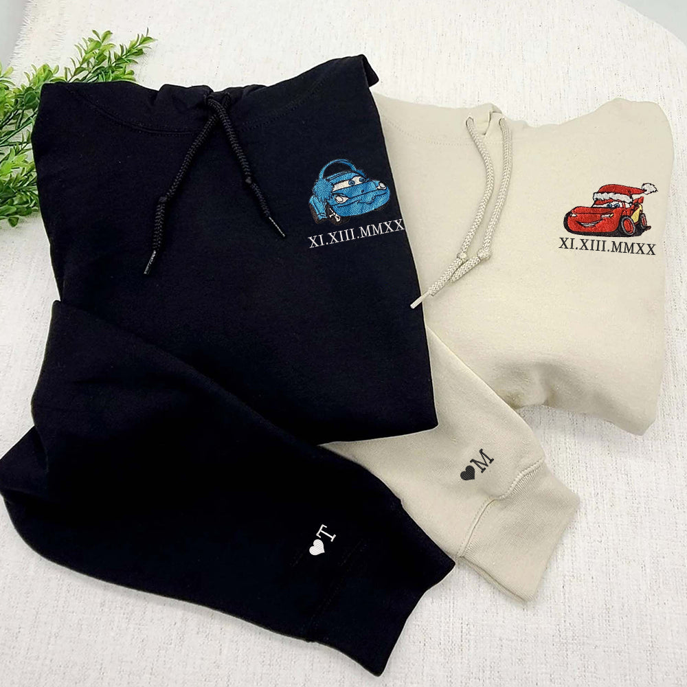 Custom Embroidered Roman Numeral Hoodies For Couples, Cute Cartoon Car Christmas Couples Embroidered Hoodie
