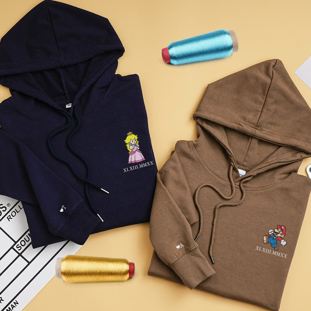 Custom Embroidered Roman Numeral Hoodies For Couples, Cute Cartoon Gamer Love Couples Hoodie