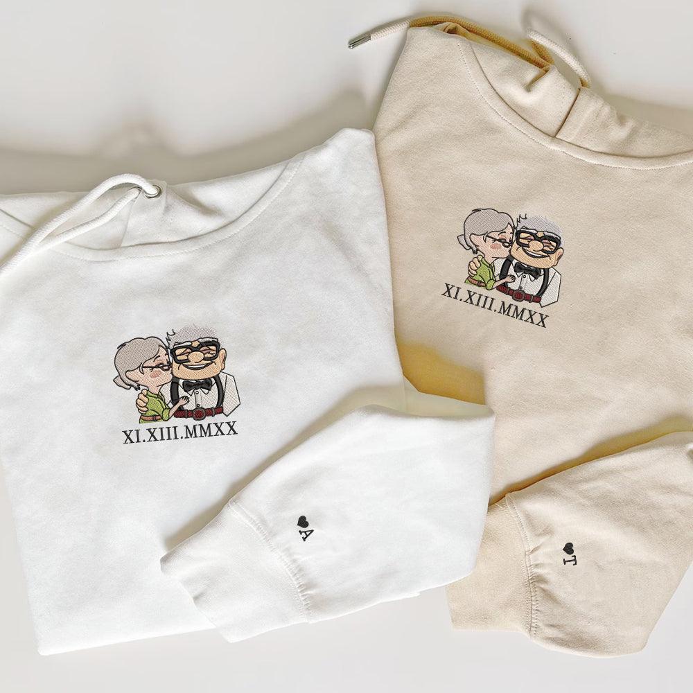 Custom Embroidered Roman Numeral Hoodies For Couples, Personalized Anniversary Date Hoodie, Cute Old Couple Love Embroidered Hoodie