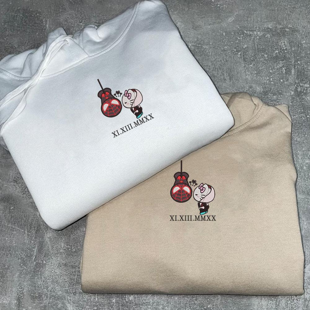 Custom Embroidered Roman Numeral Hoodies For Couples, Roman Numeral Date Hoodie, Spider Kitten Couples Embroidered Hoodie V1