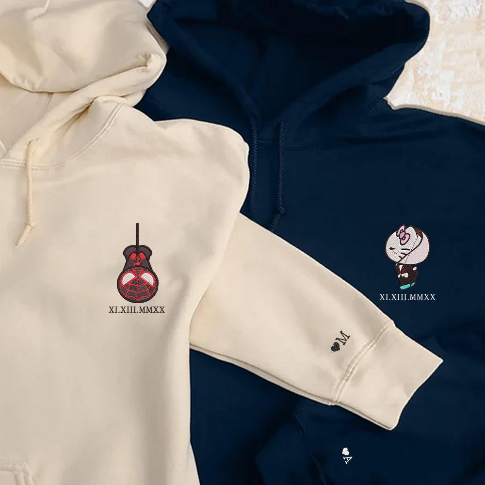 Custom Embroidered Roman Numeral Hoodies For Couples, Roman Numeral Date Hoodie, Spider Kitten Couples Embroidered Hoodie V2