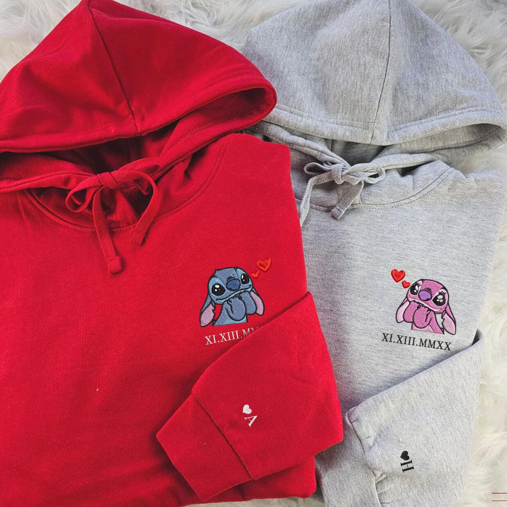 Custom Embroidered Roman Numeral Hoodies for Couples, Cute Alien Duo Matching Date Hoodie