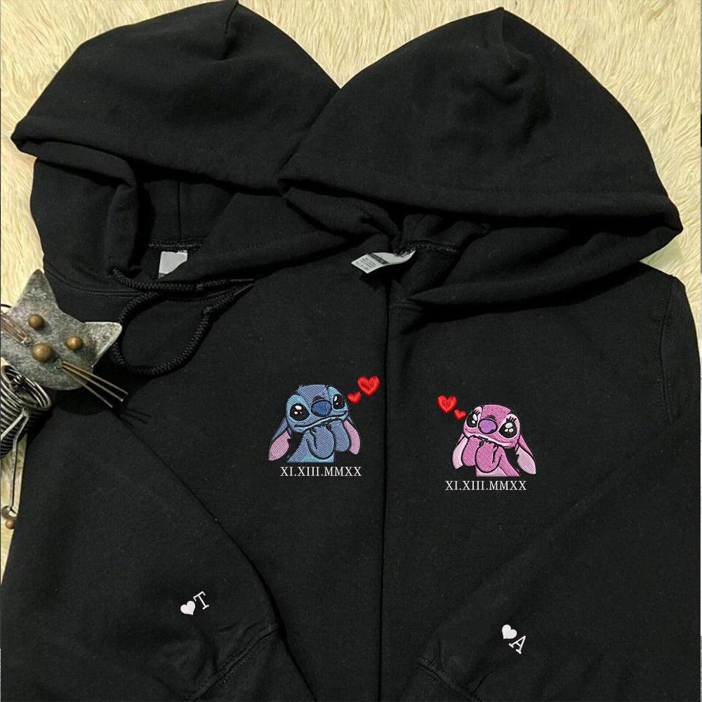 Custom Embroidered Roman Numeral Hoodies for Couples, Cute Alien Duo Matching Date Hoodie