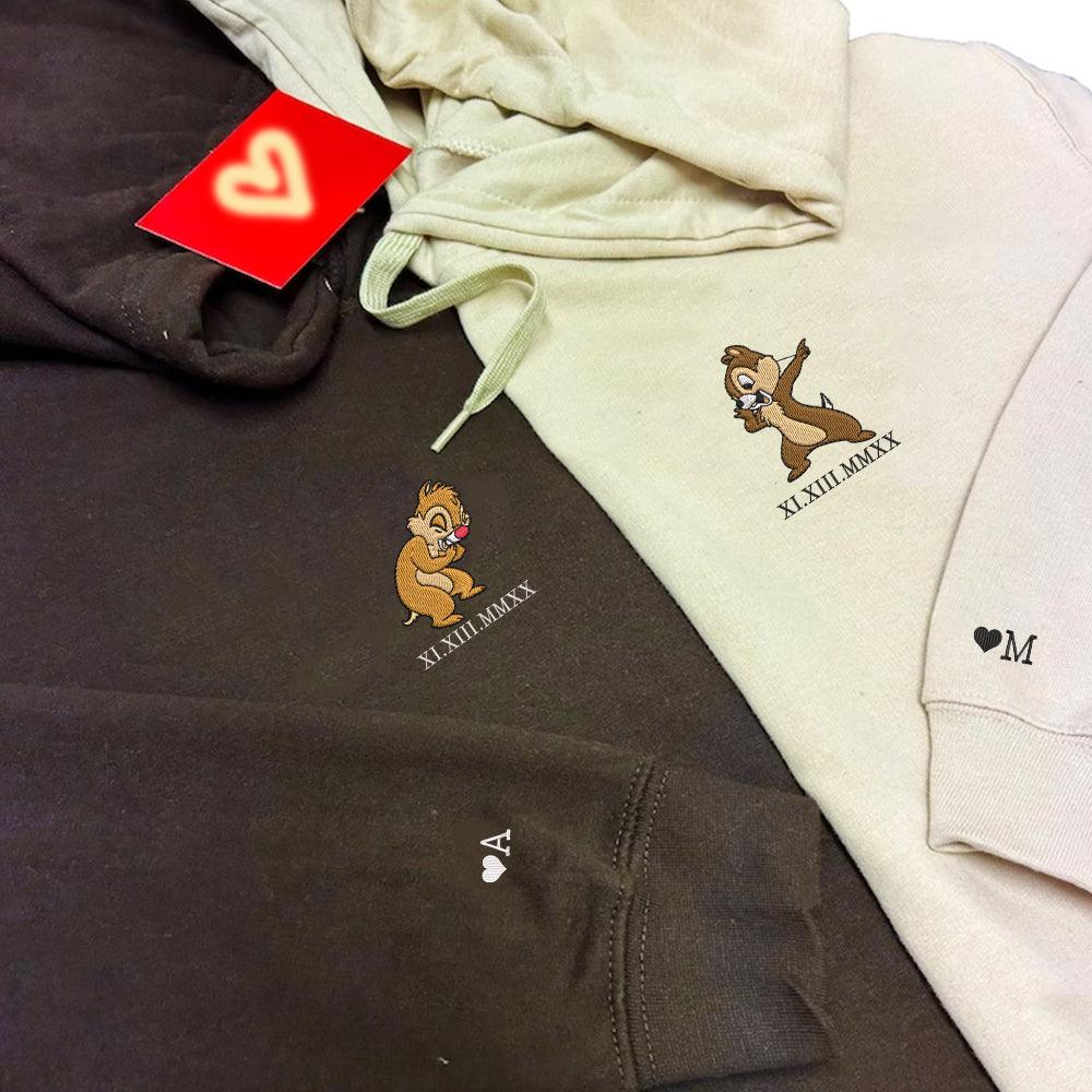 Custom Embroidered Roman Numeral Hoodies for Couples, Cute Cartoon Chipmunks Hoodie, Funny Matching Outfit