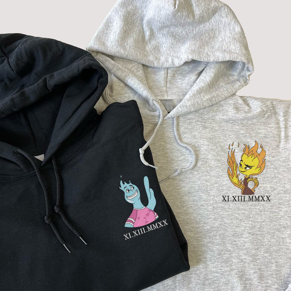 Custom Embroidered Roman Numeral Hoodies for Couples, Cute Fire & Water Love Embroidered Hoodie, Matching Couple Outfit