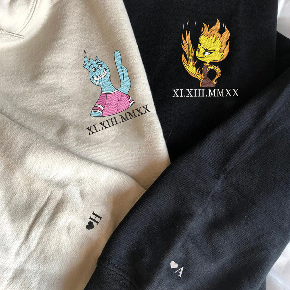 Custom Embroidered Roman Numeral Hoodies for Couples, Cute Fire & Water Love Embroidered Hoodie, Matching Couple Outfit