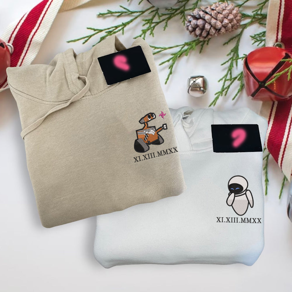 Custom Embroidered Roman Numeral Hoodies for Couples, Cute Robot Love Embroidered Hoodie, Matching Couple Outfit