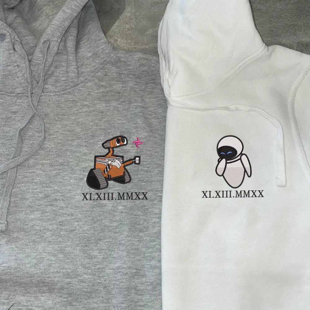 Custom Embroidered Roman Numeral Hoodies for Couples, Cute Robot Love Embroidered Hoodie, Matching Couple Outfit